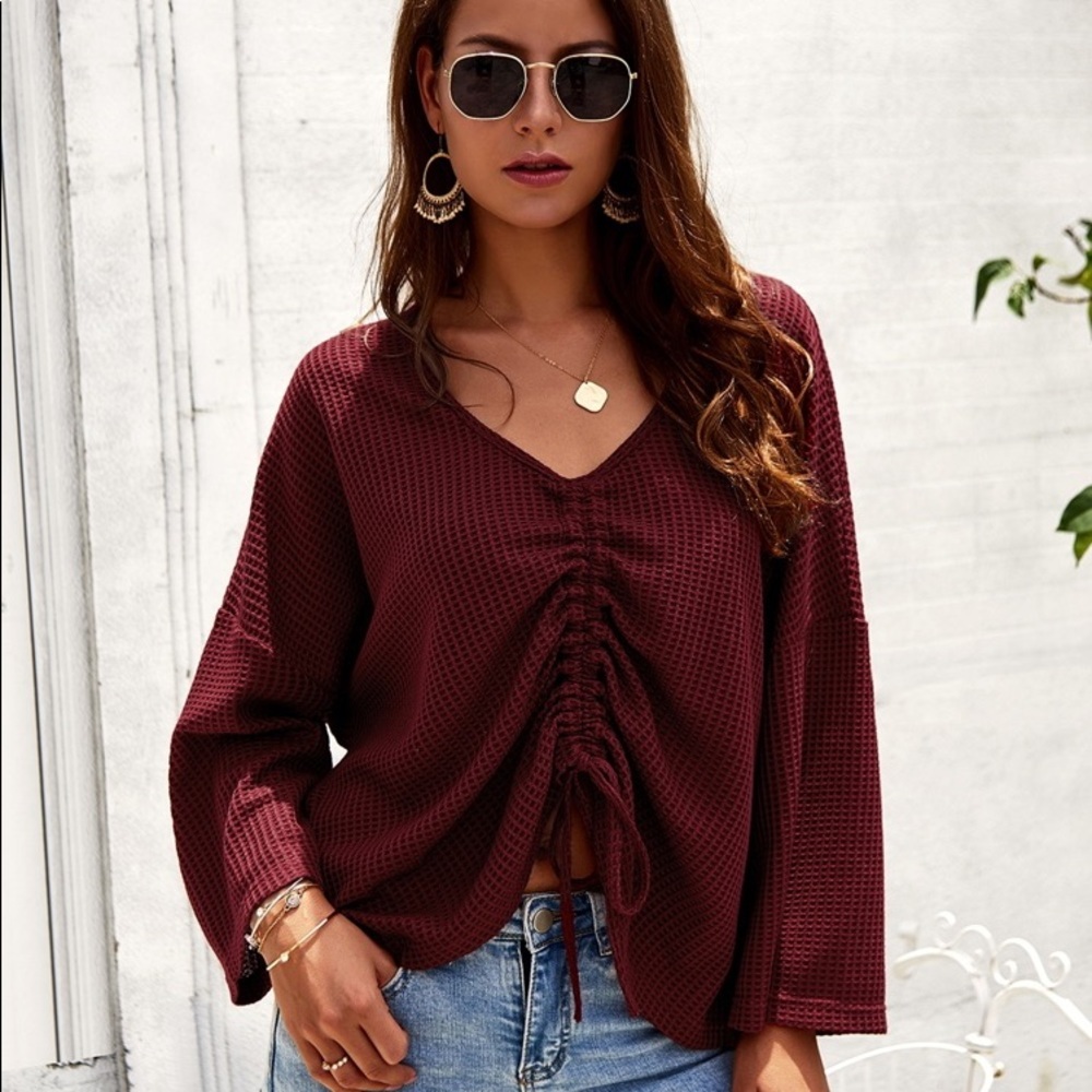 V neck ruched tie front top